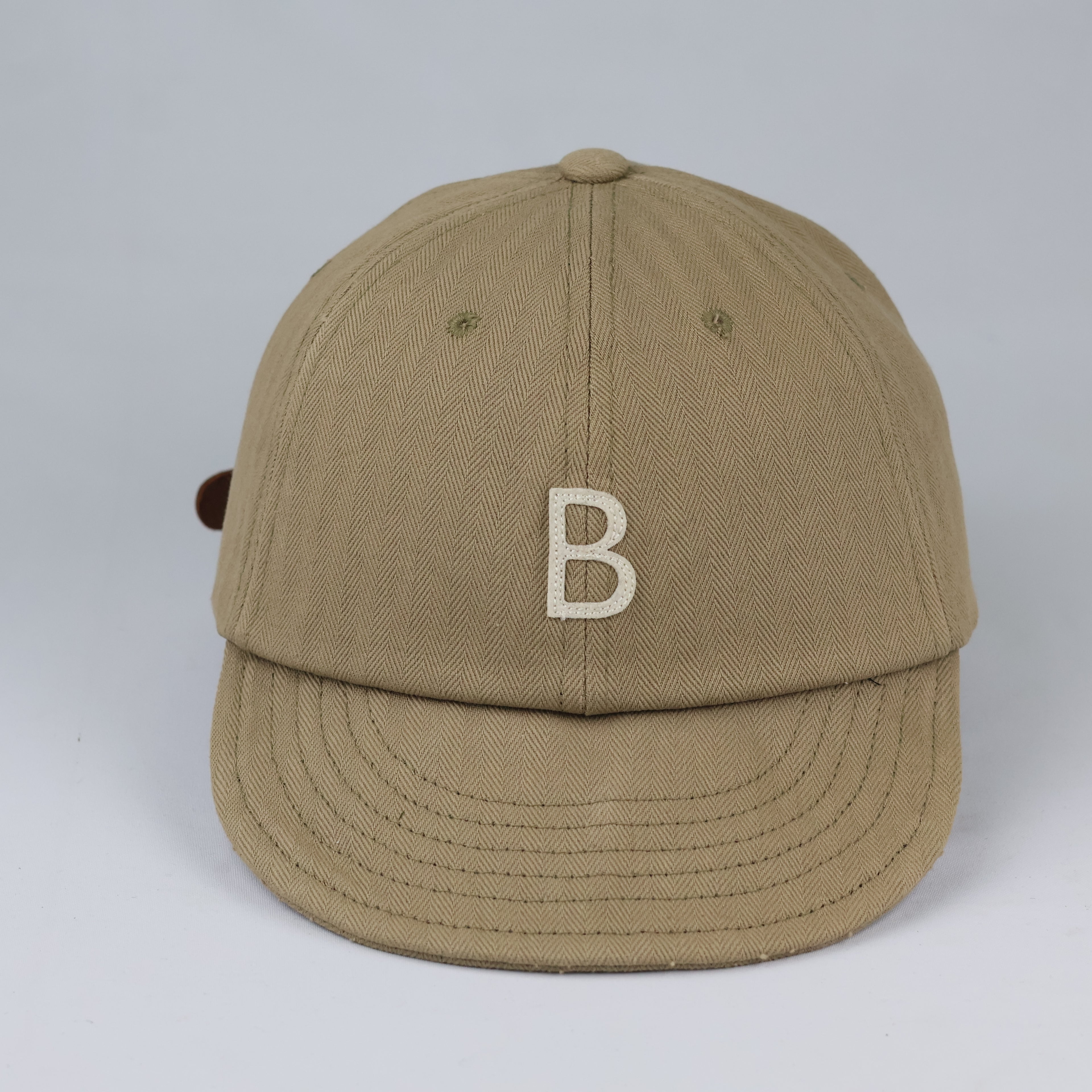 Wild Bricks Casual Cotton Cap - Khaki Thrifted Herringbone Hat with Leather Strap
