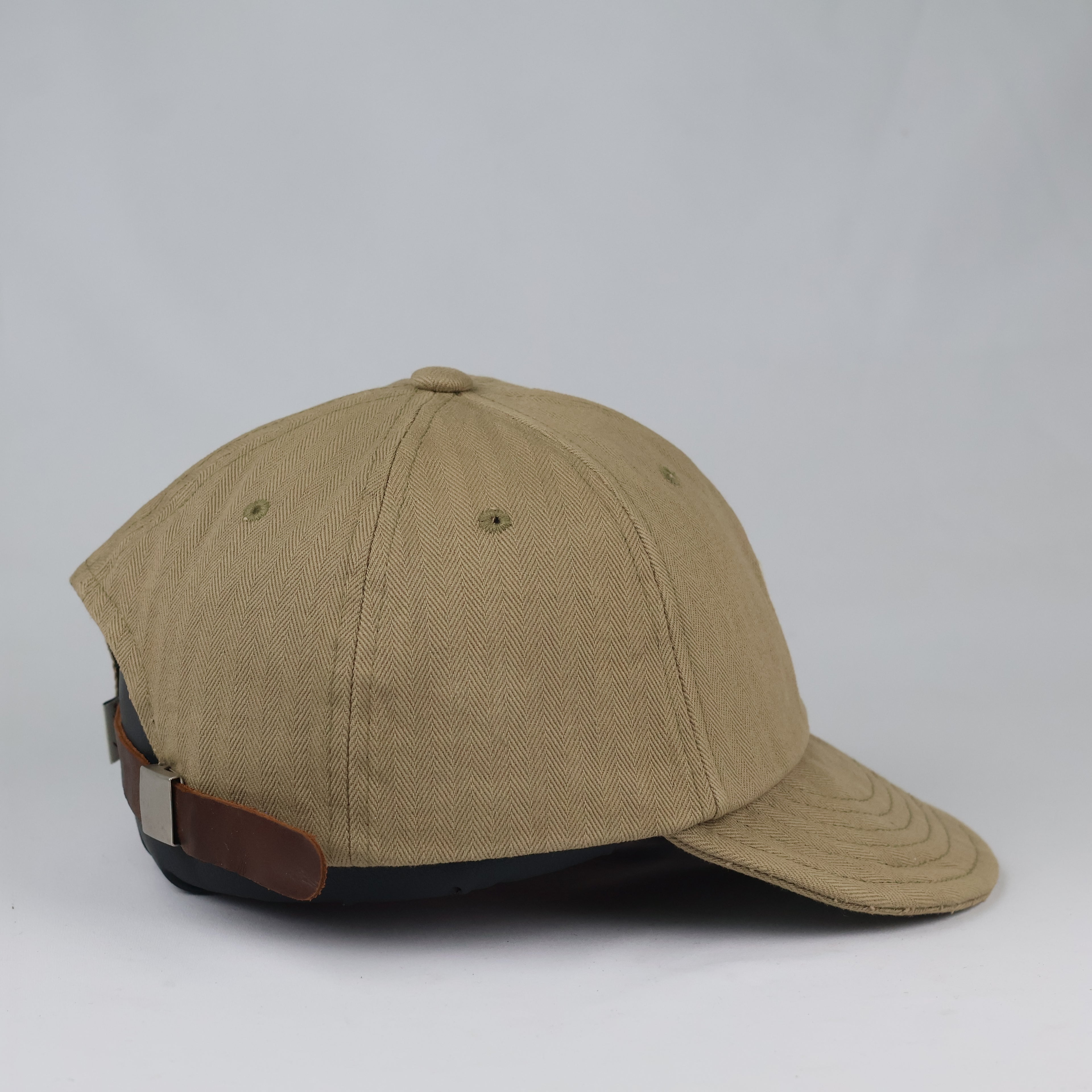 Wild Bricks Casual Cotton Cap - Khaki Thrifted Herringbone Hat with Leather Strap
