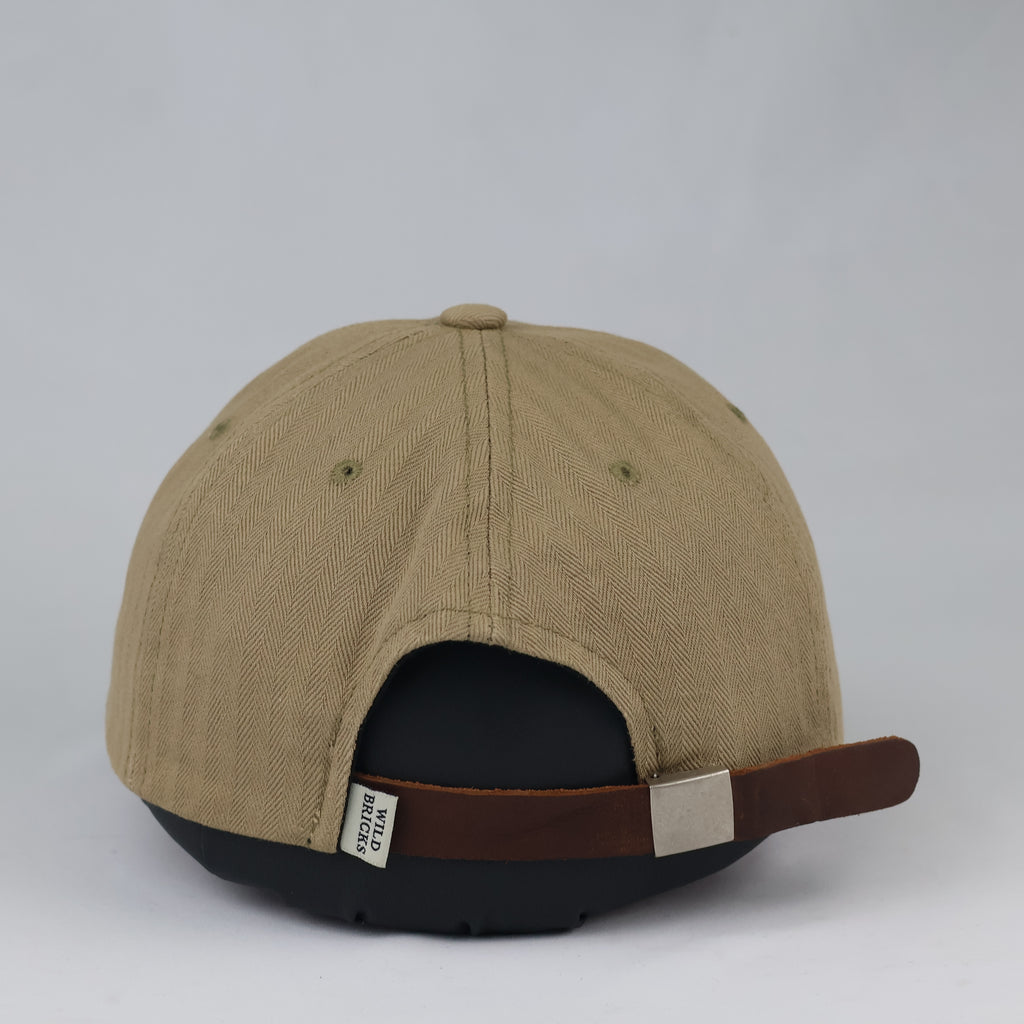 Wild Bricks Casual Cotton Cap - Khaki Thrifted Herringbone Hat with Leather Strap