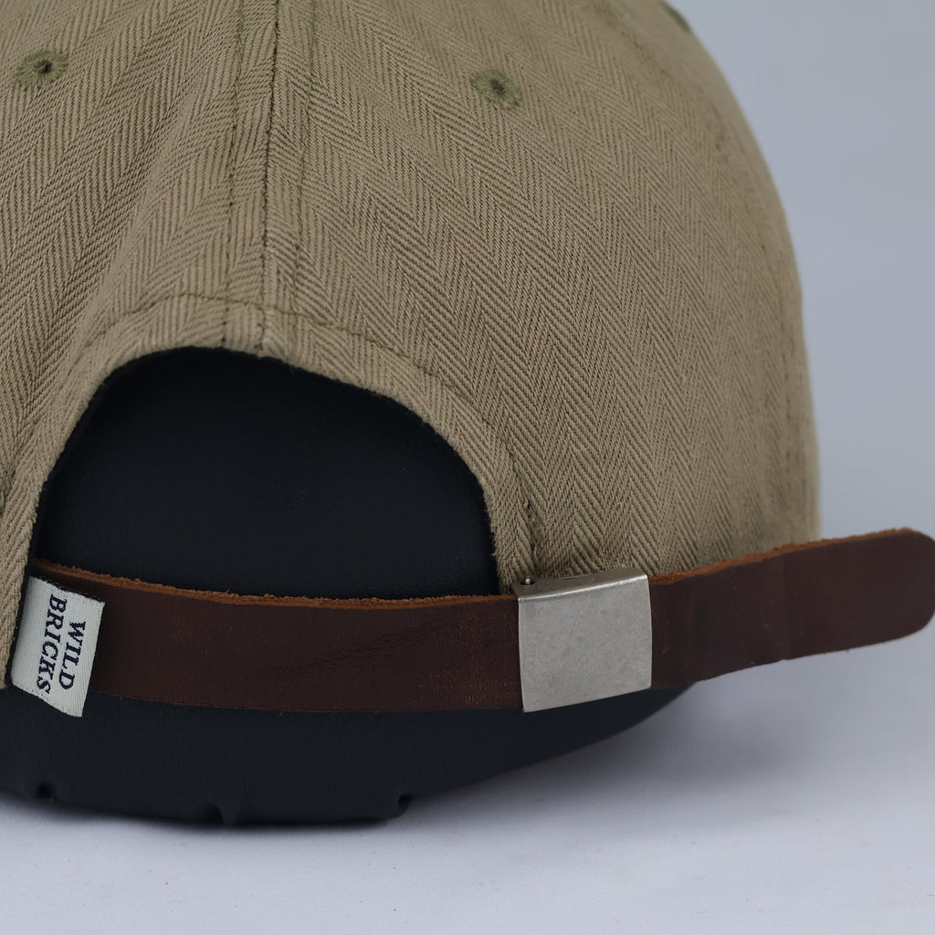 Wild Bricks Casual Cotton Cap - Khaki Thrifted Herringbone Hat with Leather Strap