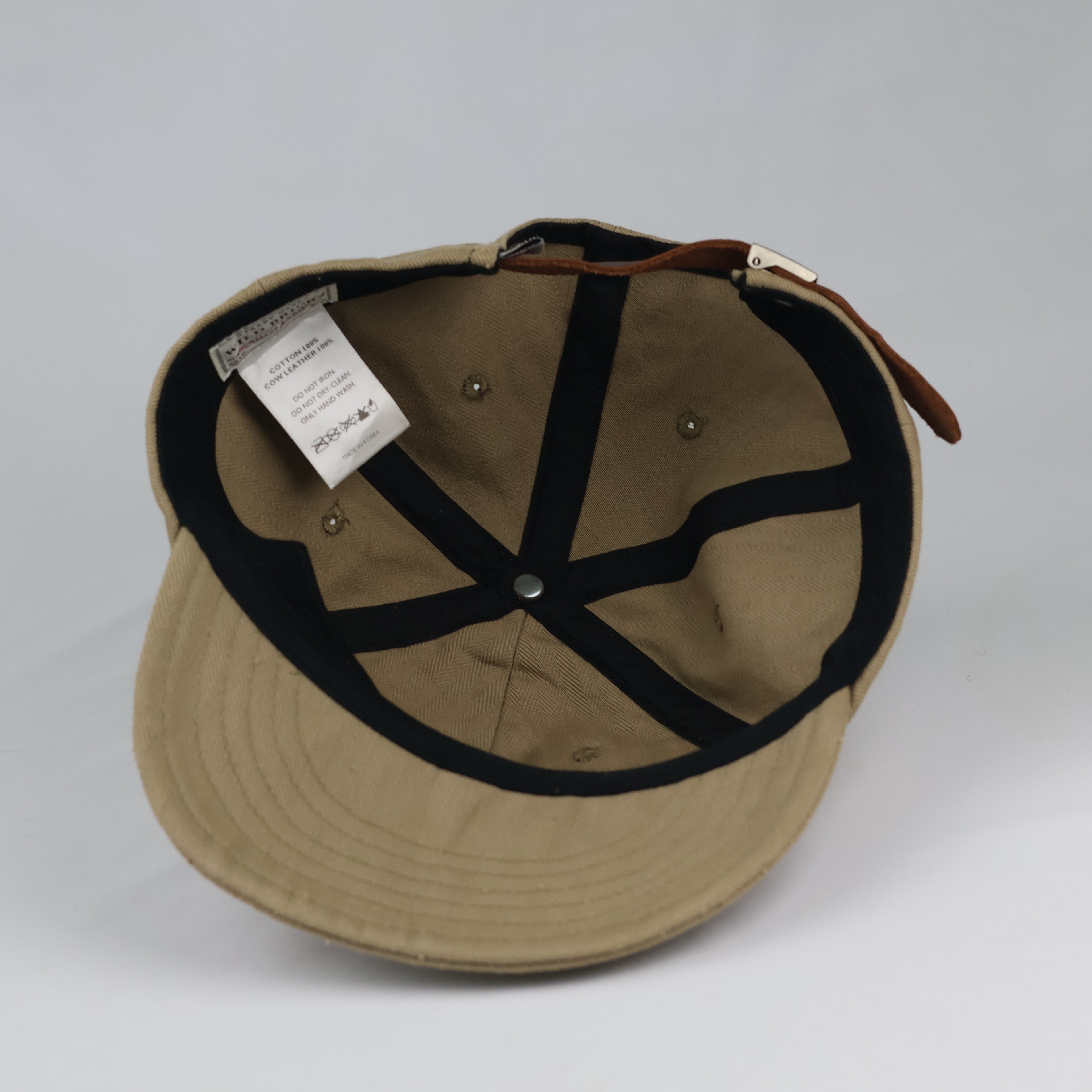 Wild Bricks Casual Cotton Cap - Khaki Thrifted Herringbone Hat with Leather Strap