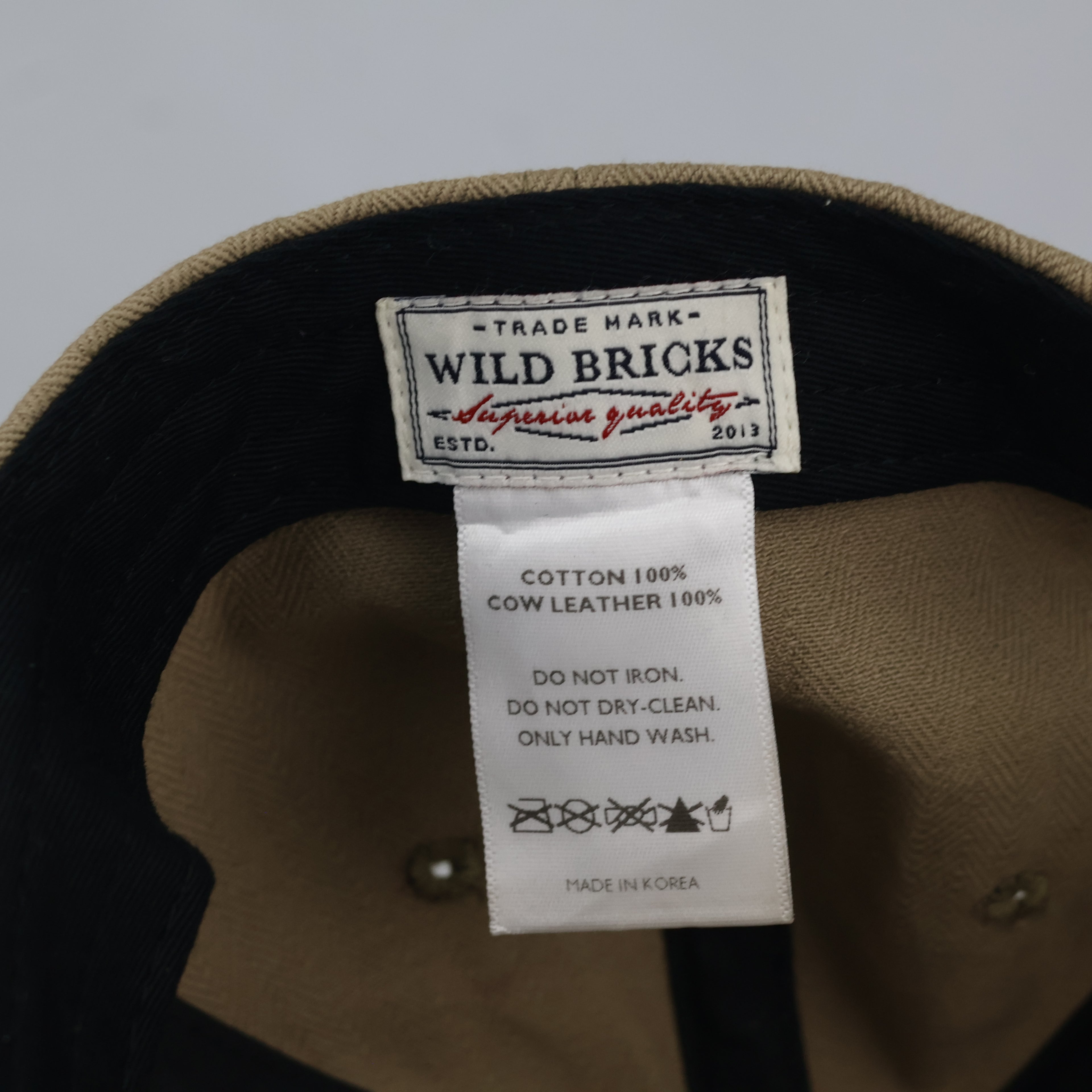 Wild Bricks Casual Cotton Cap - Khaki Thrifted Herringbone Hat with Leather Strap