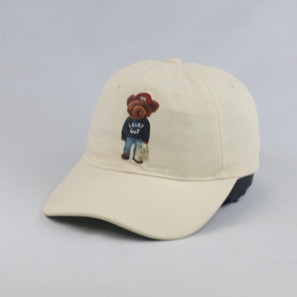 Thrifted Vintage Style Bear Print Dad Cap – Off-White Cotton Adjustable Hat 56-57cm | 10627