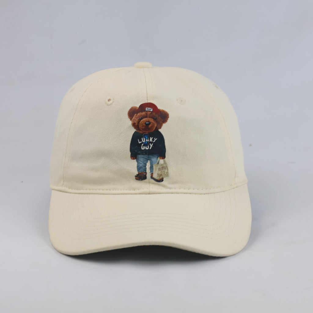 Thrifted Vintage Style Bear Print Dad Cap – Off-White Cotton Adjustable Hat 56-57cm | 10627