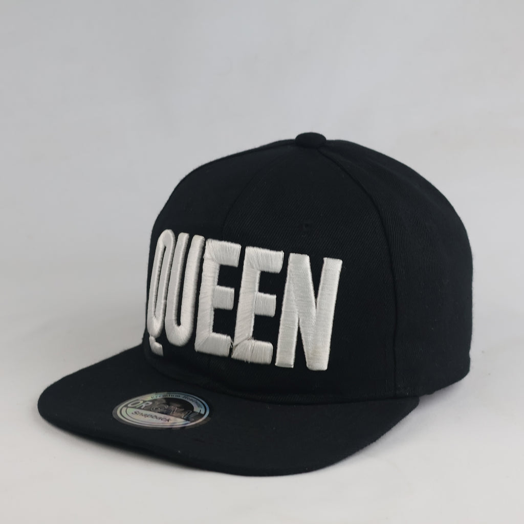 Thrifted Black Flat Brim "QUEEN" Snapback Hat | 10759