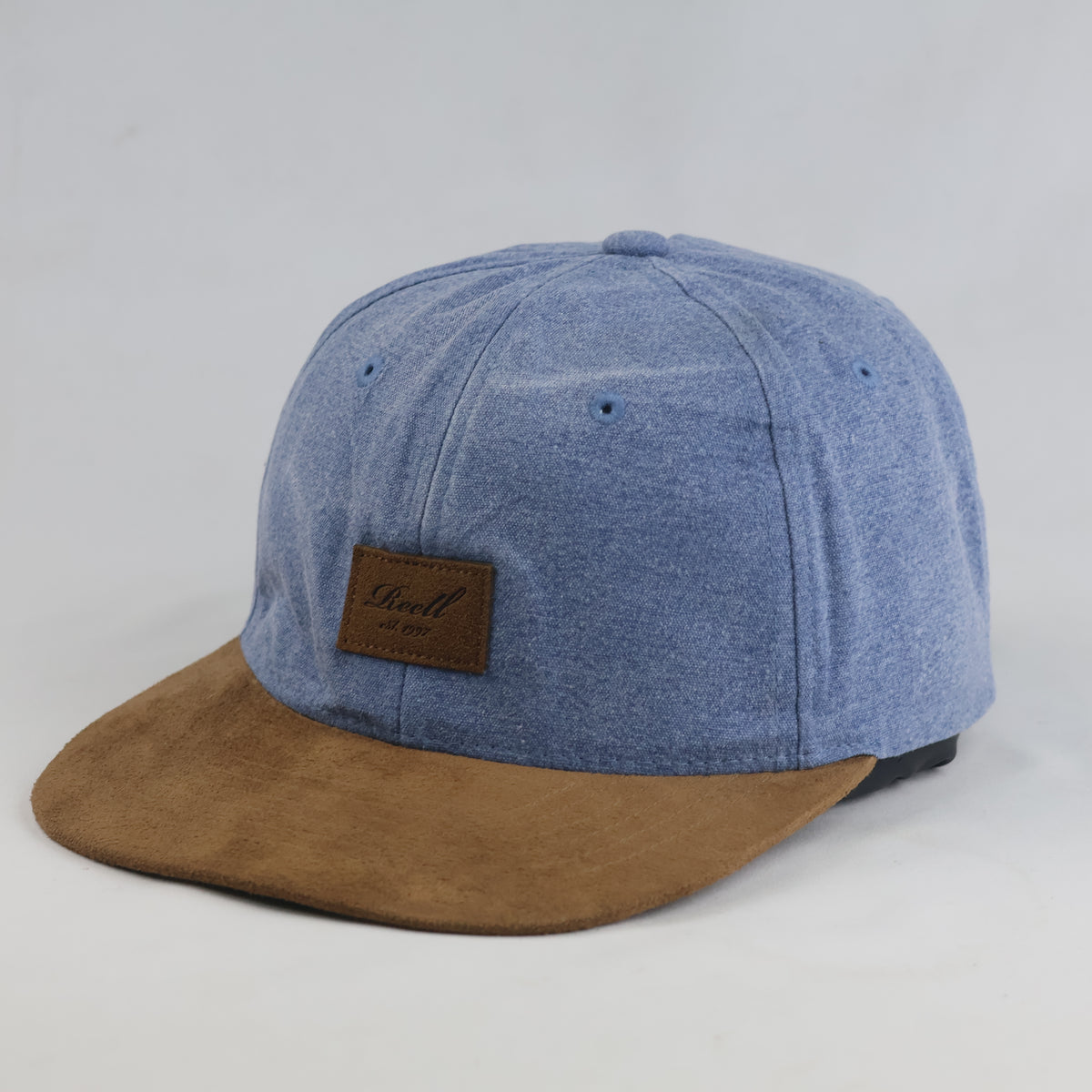 Thrifted Reell Washed Blue & Brown Suede Flat Brim Snapback Hat (56-57cm) | 10634