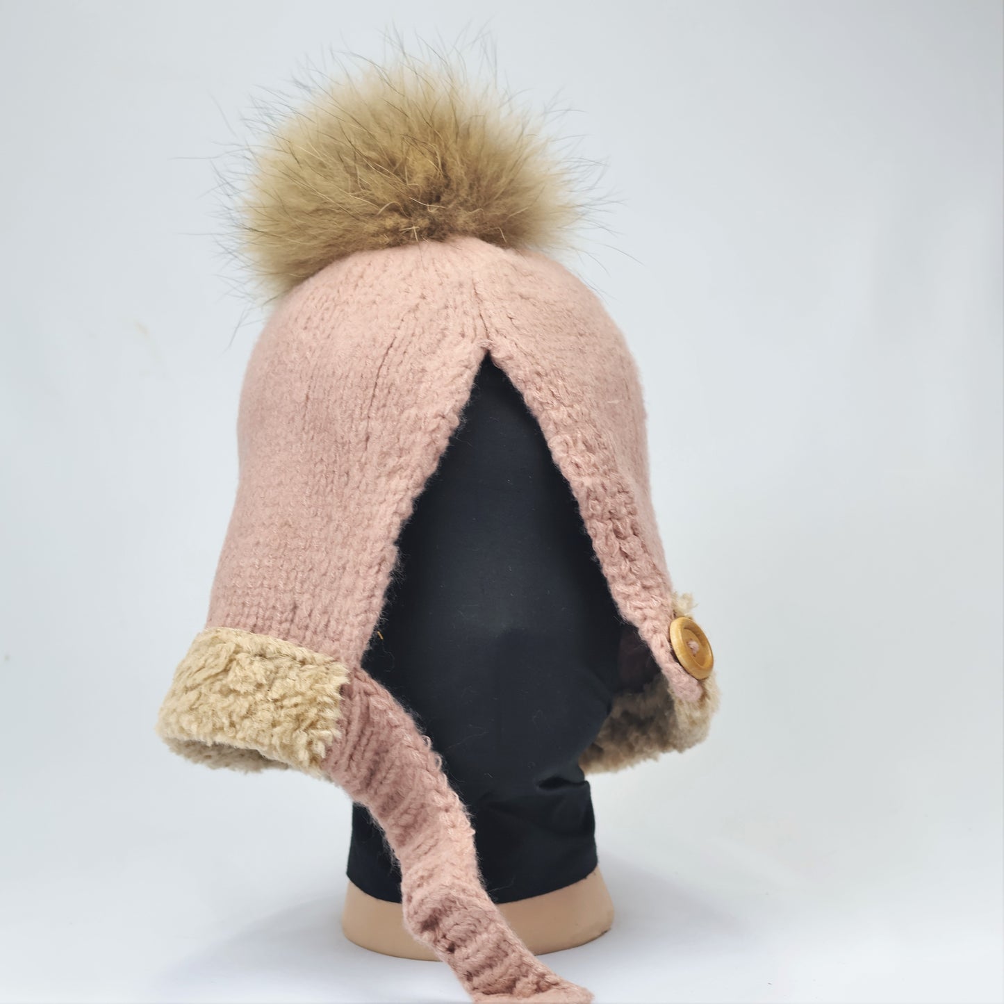 Cozy Blush Pink Sherpa Lined Earflap Hat with Pom Pom - Women’s Winter Headwear