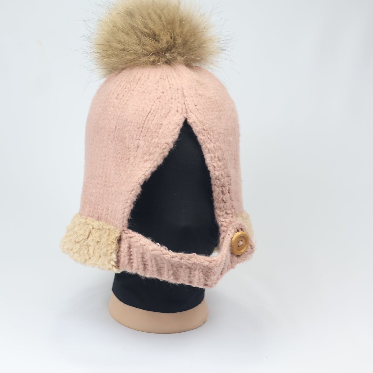Cozy Blush Pink Sherpa Lined Earflap Hat with Pom Pom - Women’s Winter Headwear