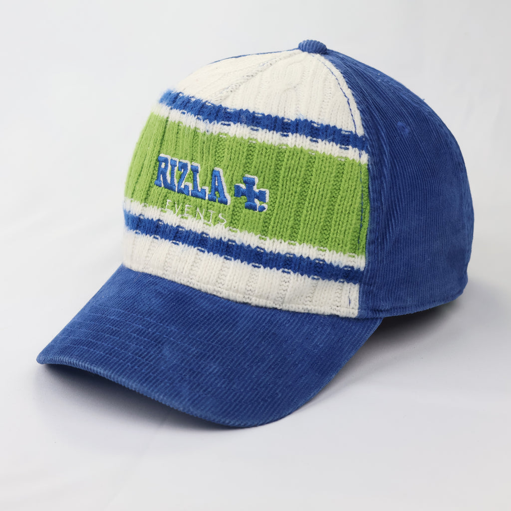 Rizla+ Blue Corduroy Thrifted Baseball Cap with Green Knit Front Panel