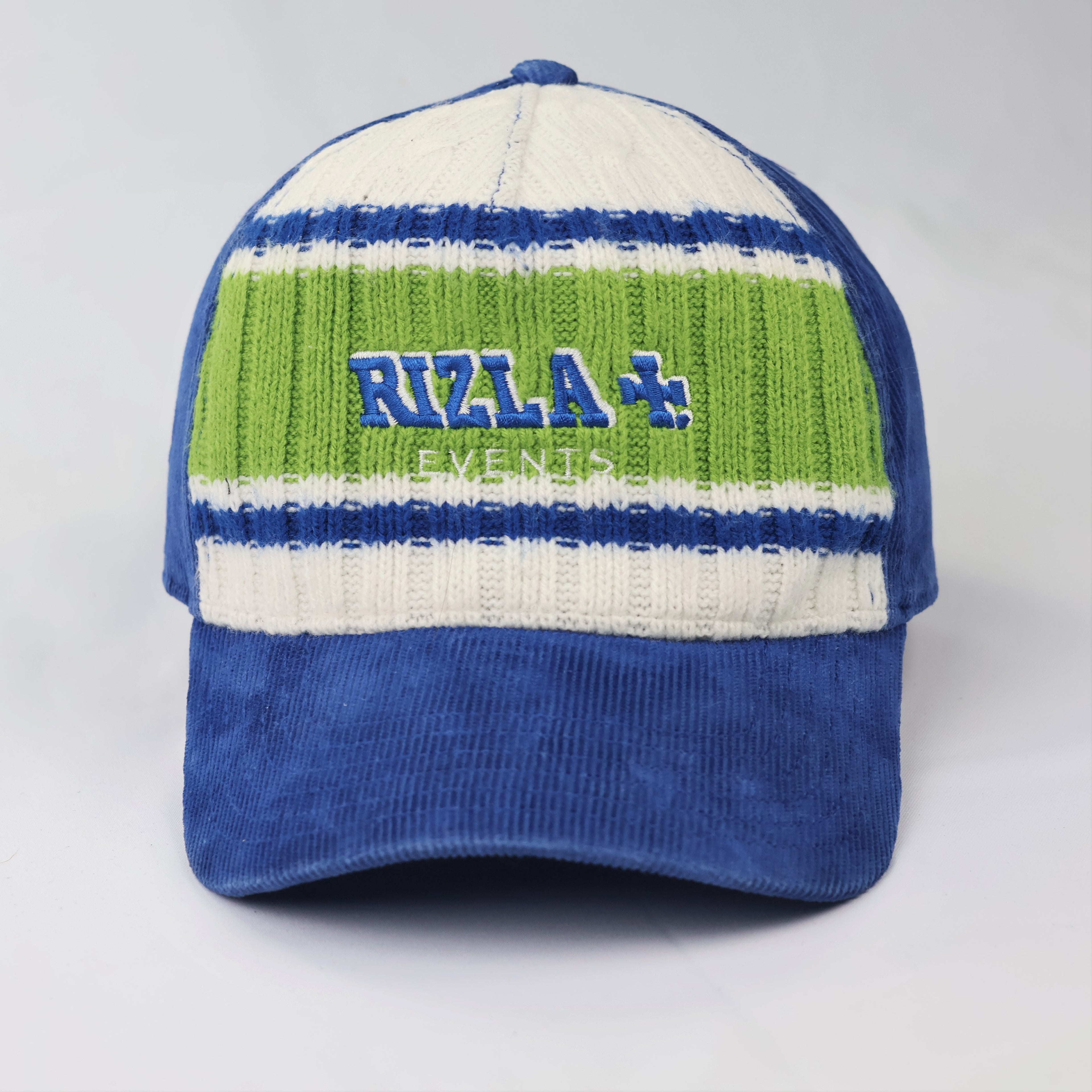 Rizla+ Blue Corduroy Thrifted Baseball Cap with Green Knit Front Panel
