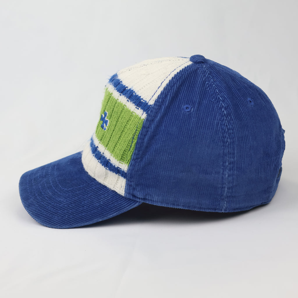 Rizla+ Blue Corduroy Thrifted Baseball Cap with Green Knit Front Panel
