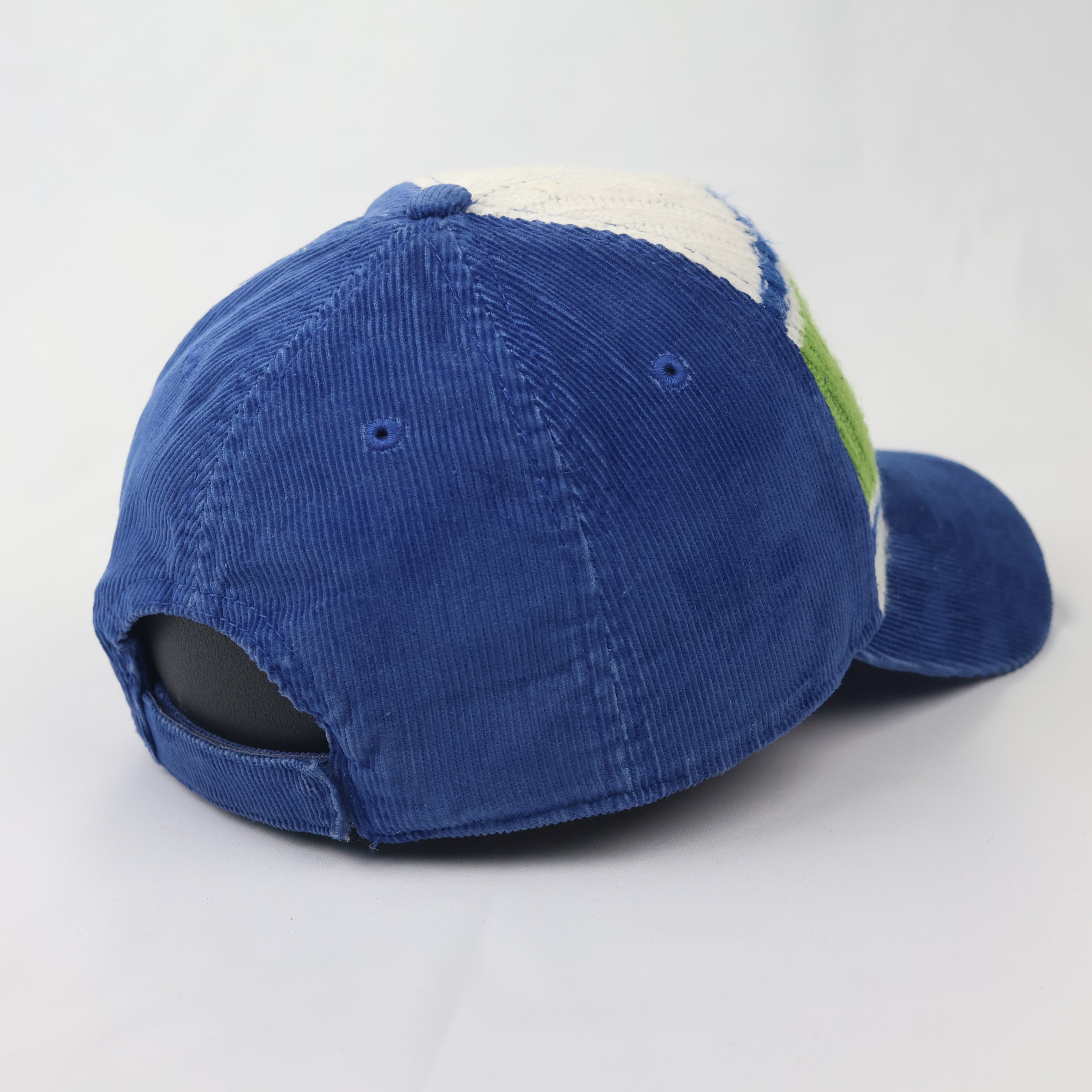 Rizla+ Blue Corduroy Thrifted Baseball Cap with Green Knit Front Panel
