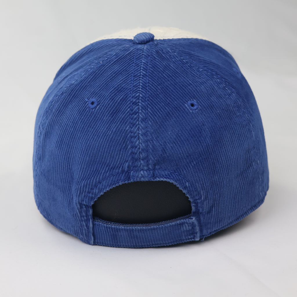 Rizla+ Blue Corduroy Thrifted Baseball Cap with Green Knit Front Panel
