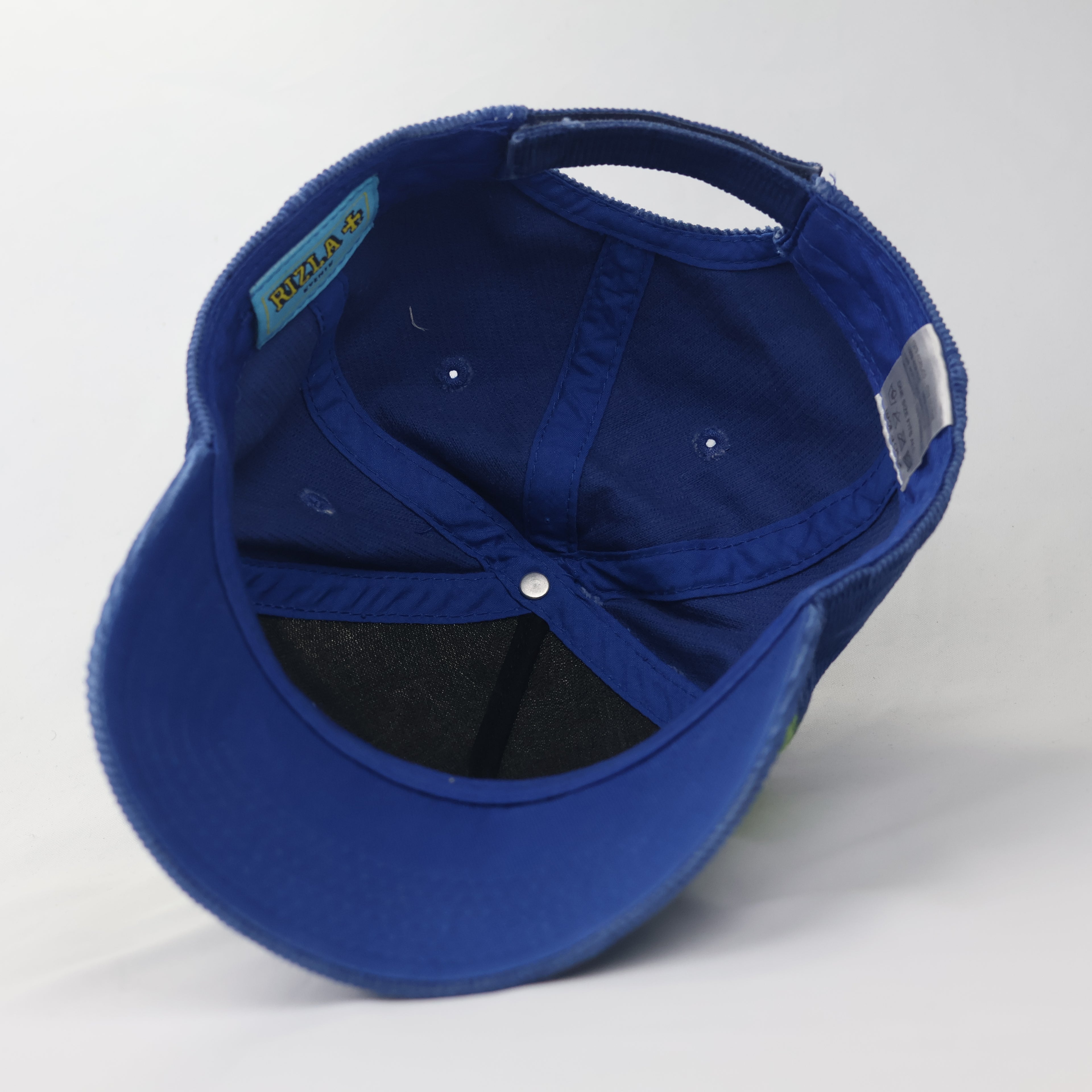 Rizla+ Blue Corduroy Thrifted Baseball Cap with Green Knit Front Panel