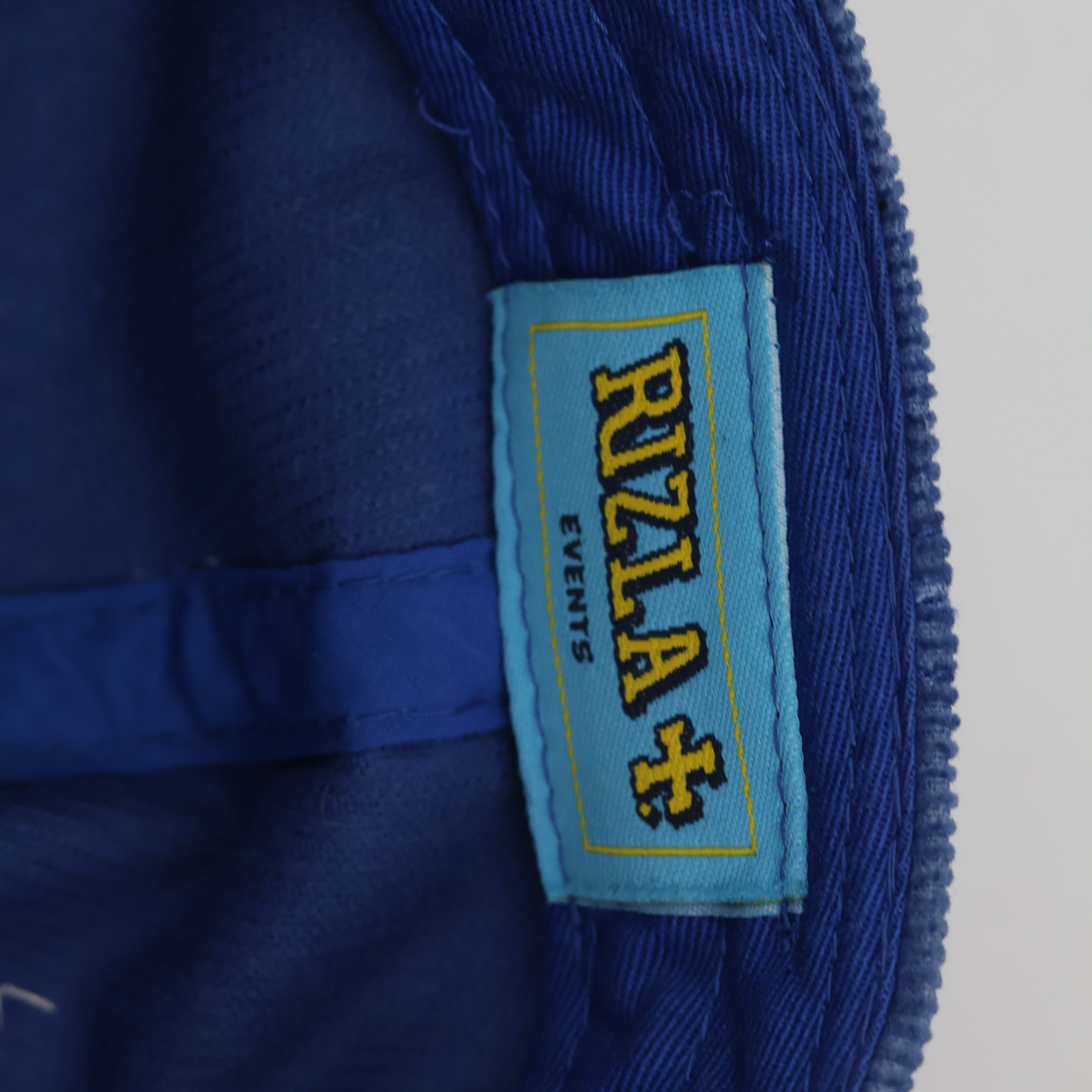 Rizla+ Blue Corduroy Thrifted Baseball Cap with Green Knit Front Panel