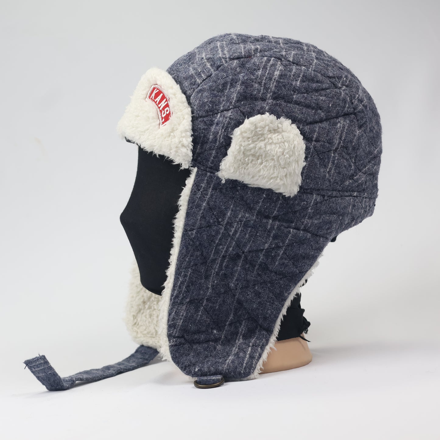 KANS Blue Quilted Trapper Hat with White Faux Fur Lining - Winter Earflap Cap