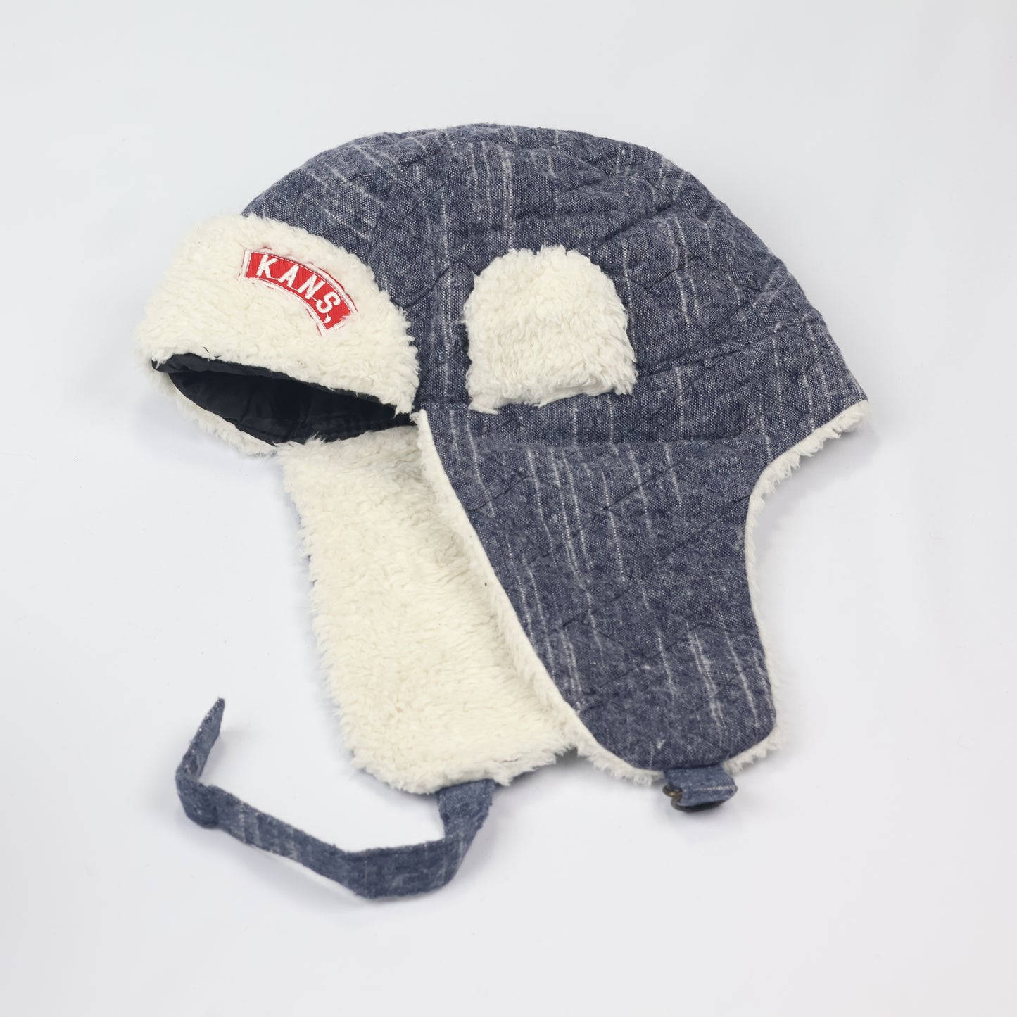 KANS Blue Quilted Trapper Hat with White Faux Fur Lining - Winter Earflap Cap