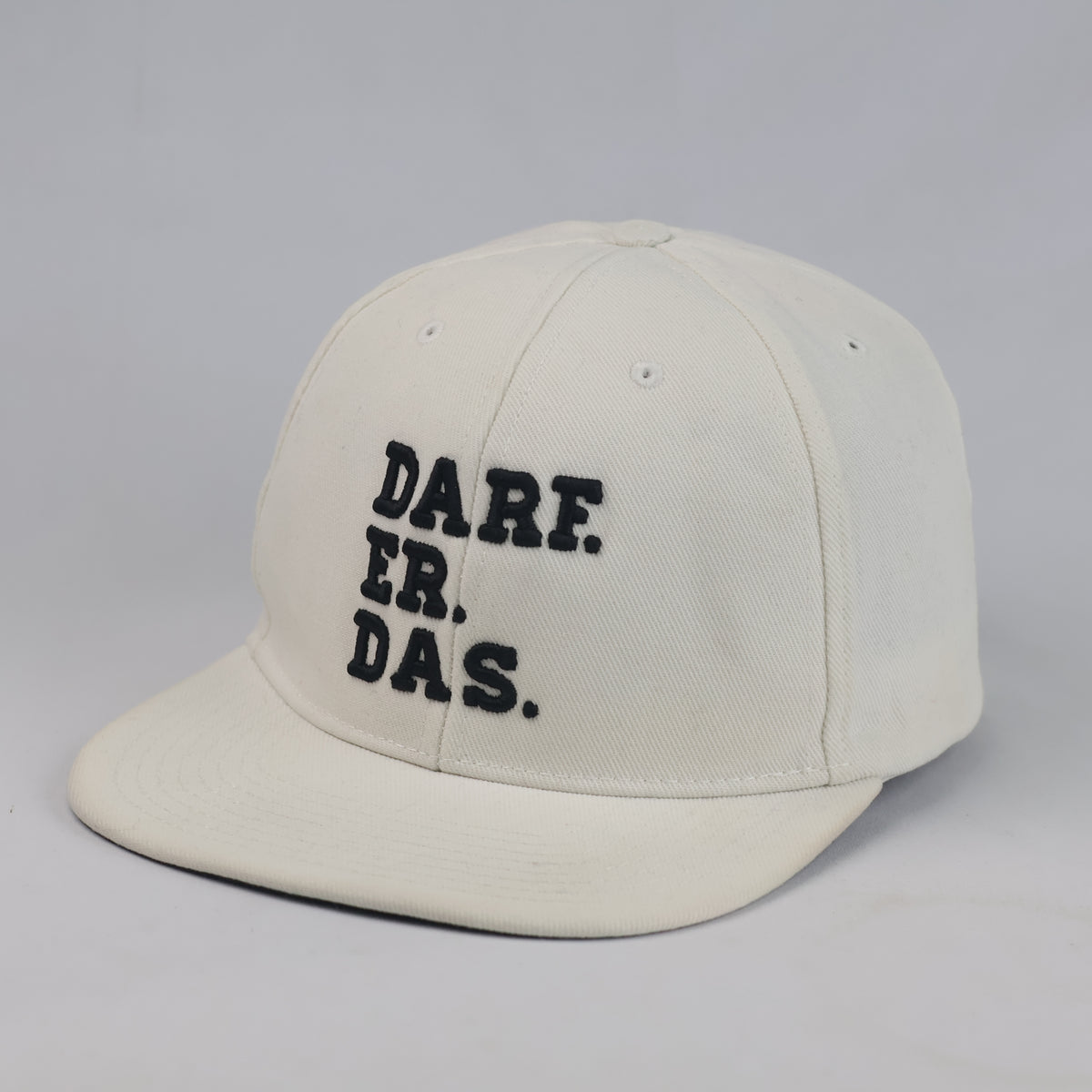 Thrifted "DARF. ER. DAS." Embroidered Flat Brim Snapback Cap – Off-White (57–58 cm) |10666