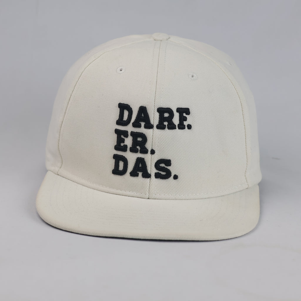 Thrifted "DARF. ER. DAS." Embroidered Flat Brim Snapback Cap – Off-White (57–58 cm) |10666