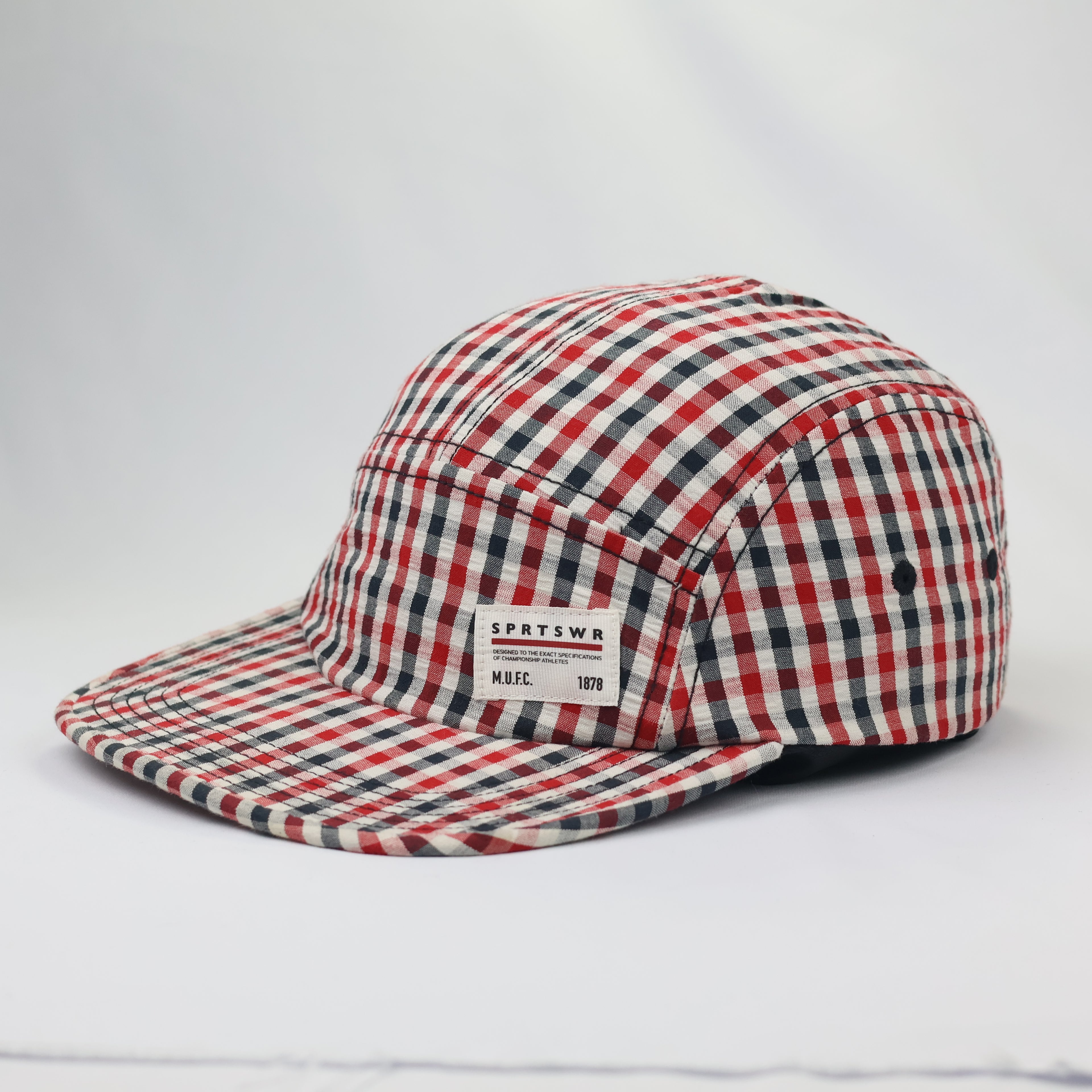 Nike AW84 5-Panel Gingham Plaid Thrifted Cap | Red & Blue Checkered Hat