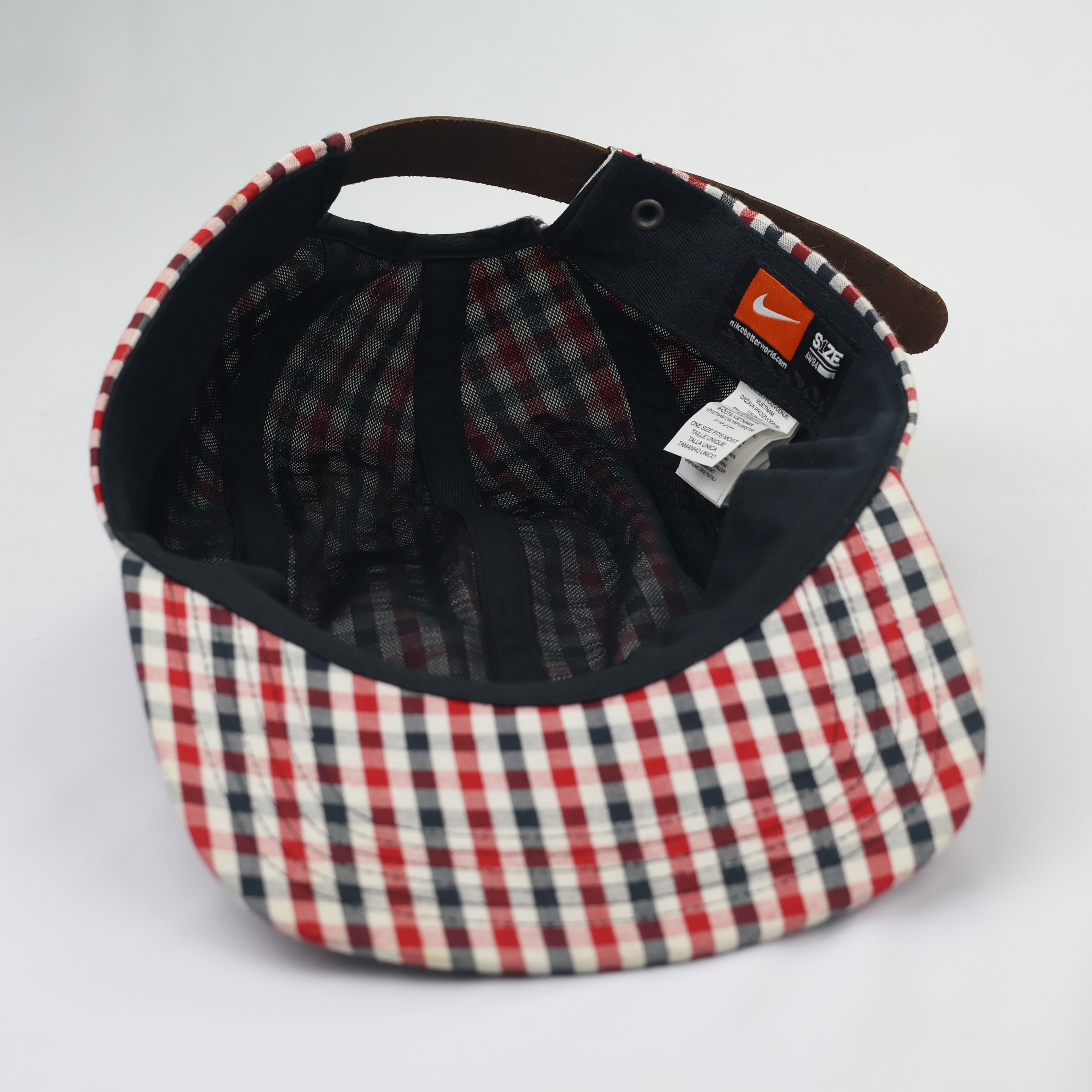Nike AW84 5-Panel Gingham Plaid Thrifted Cap | Red & Blue Checkered Hat
