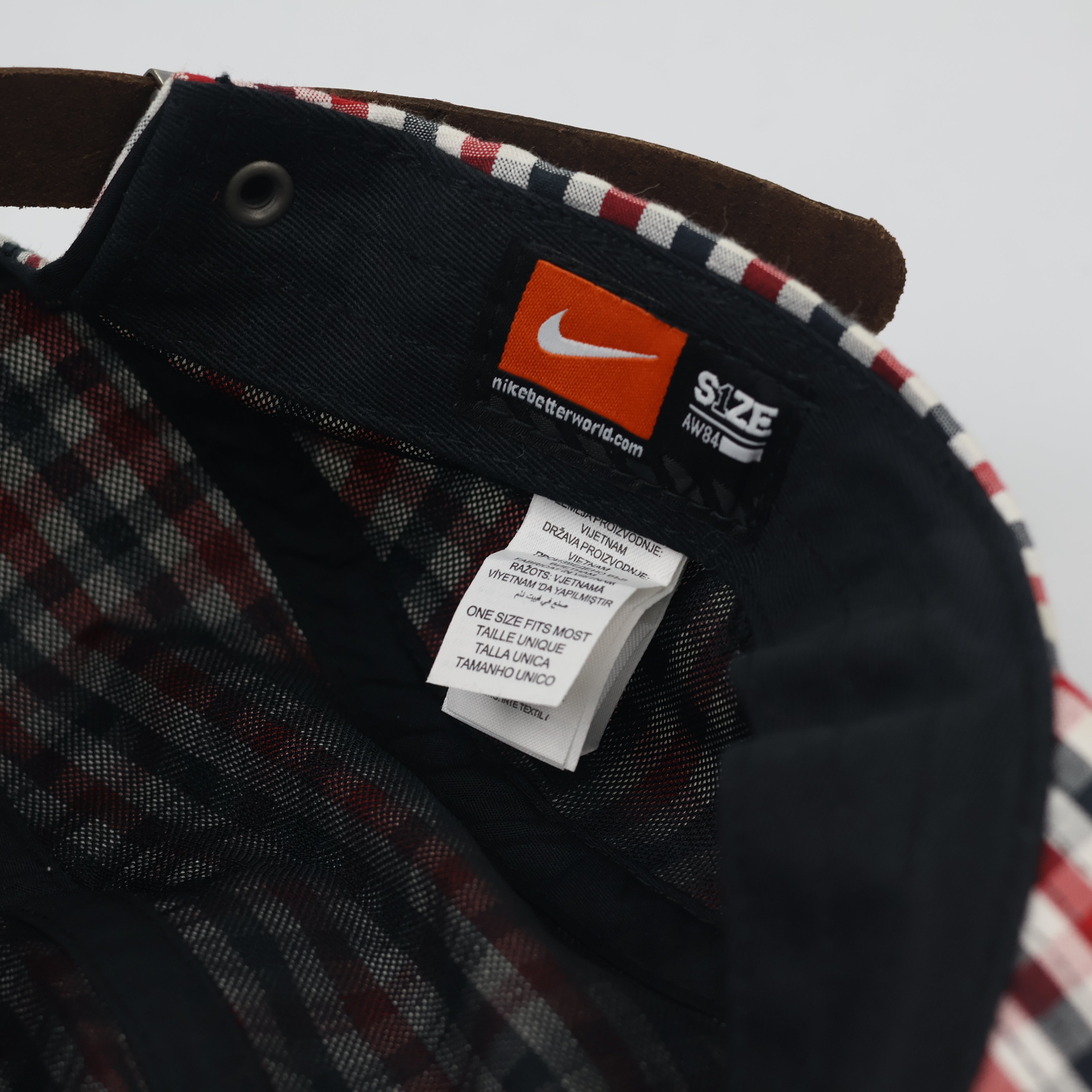Nike AW84 5-Panel Gingham Plaid Thrifted Cap | Red & Blue Checkered Hat