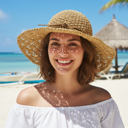 Natural Raffia-Style Floppy Hat with Faux Suede Bow