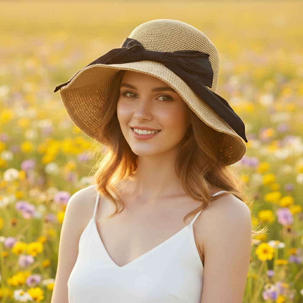 Classic Straw Cloche Hat with Black Bow