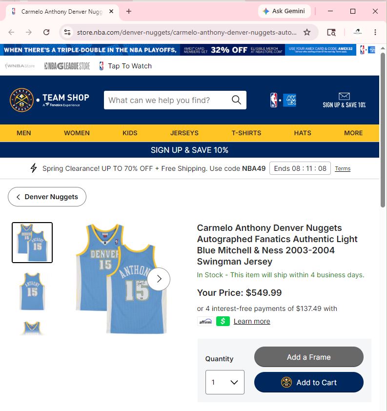 Vintage Adidas NBA Denver Nuggets Carmelo Anthony #15 Basketball Thrifted Jersey - Blue