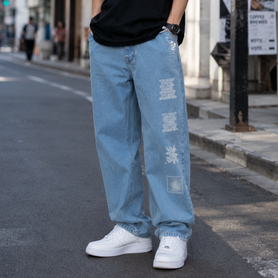 Thrifted Vintage APIECEOFCAKE Light Blue Graphic Denim Jeans waist 30/ J1056